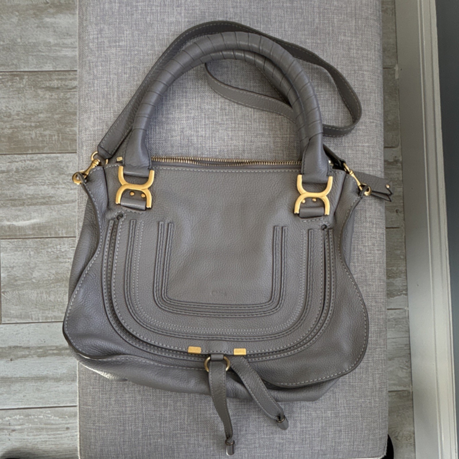 Chloé Medium Marcie Leather Sachel Cashmere Grey Shoulder Bag, Dust Bag