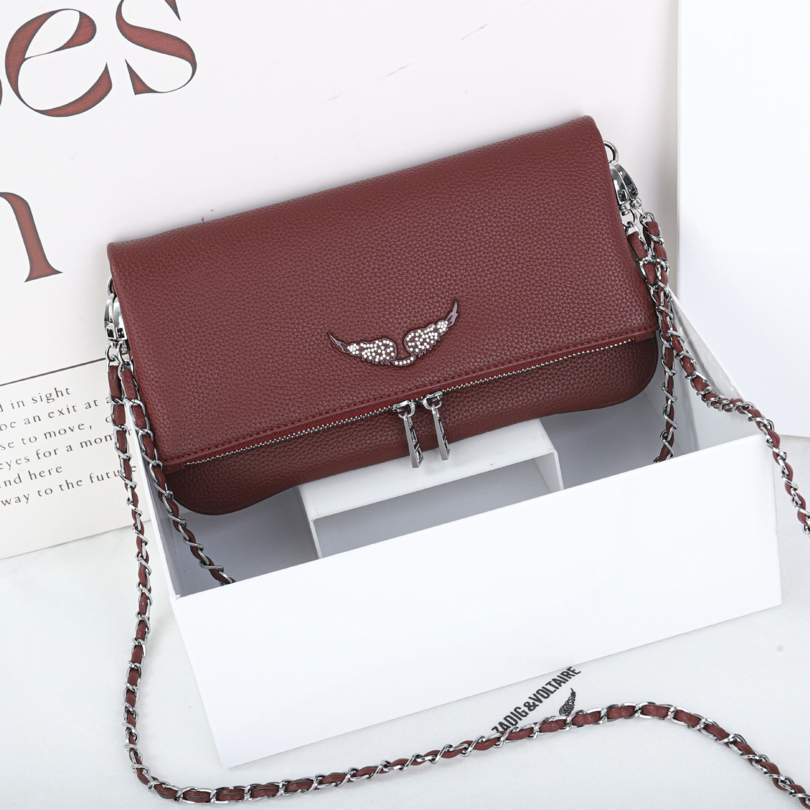 Zadig & Voltaire Rock Wing Red Leather Bag Interwoven Chain Crossbody 27x15cm