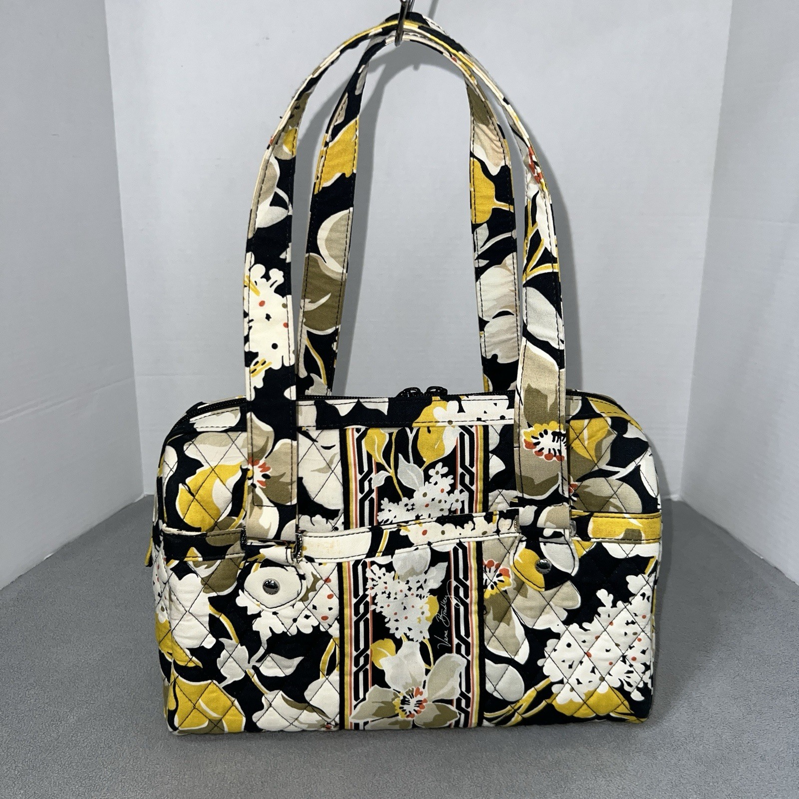 Vera Bradley Tote Handbag Dogwood Quilted Yellow Black Floral Double Handle