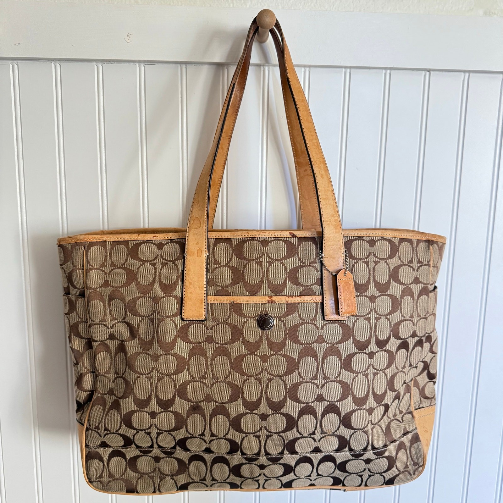 Vintage Coach signature brown canvas leather tote bag 15 in