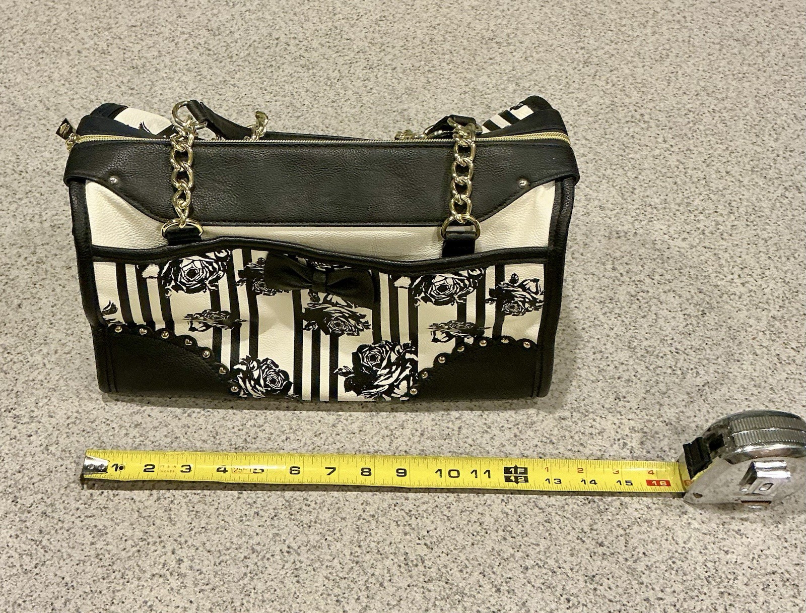 Betsey Johnson Purse Black Rose White Striped With A Bow + Necklace & Earrings