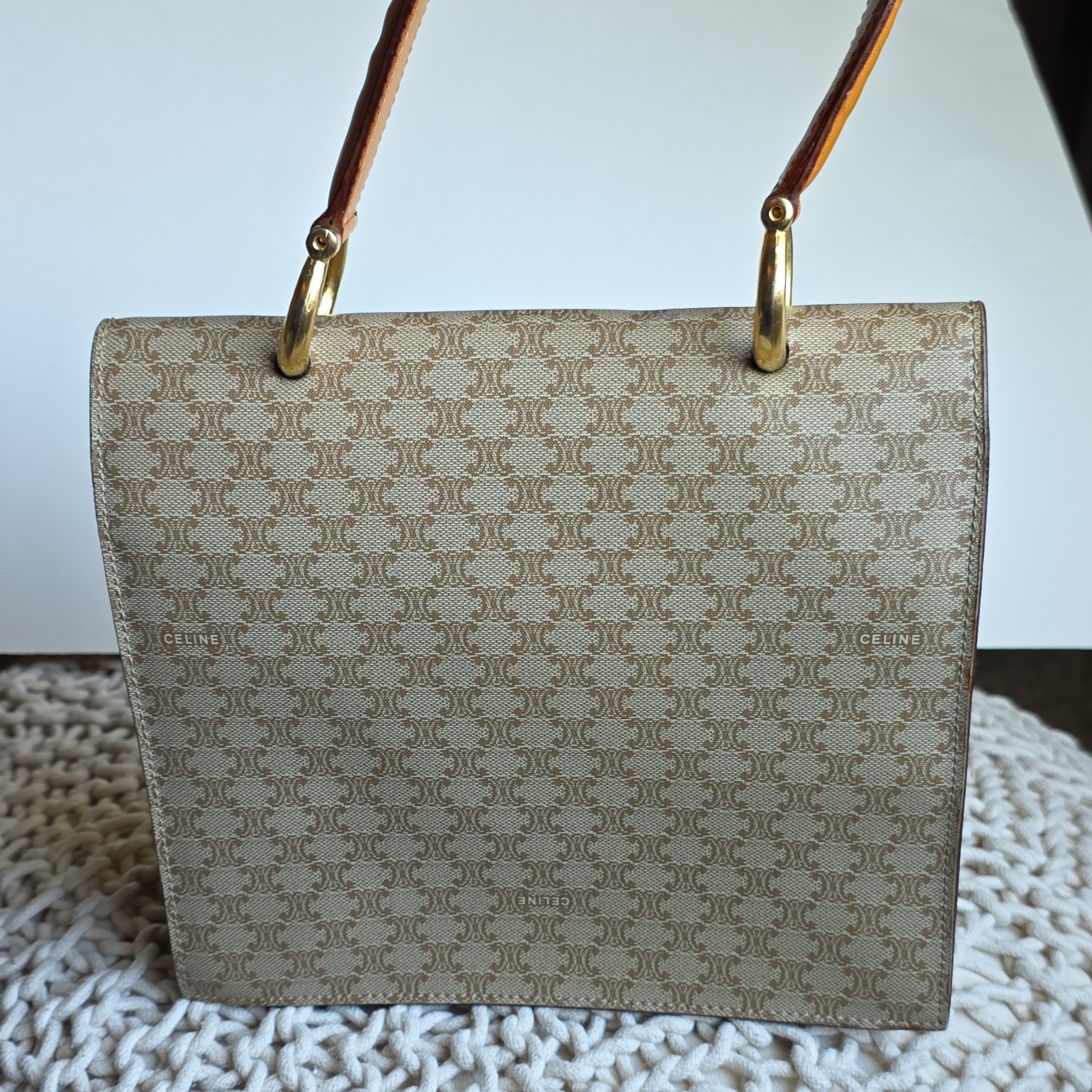 CELINE vintage Macadam Triomphe Beige Brown Top Handle Satchel Gold Hardware