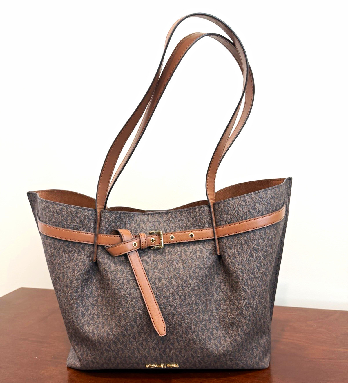 Michael Kors Womens Brown Logo Tote w/ Buckle Accent Gold Hardware Open Top