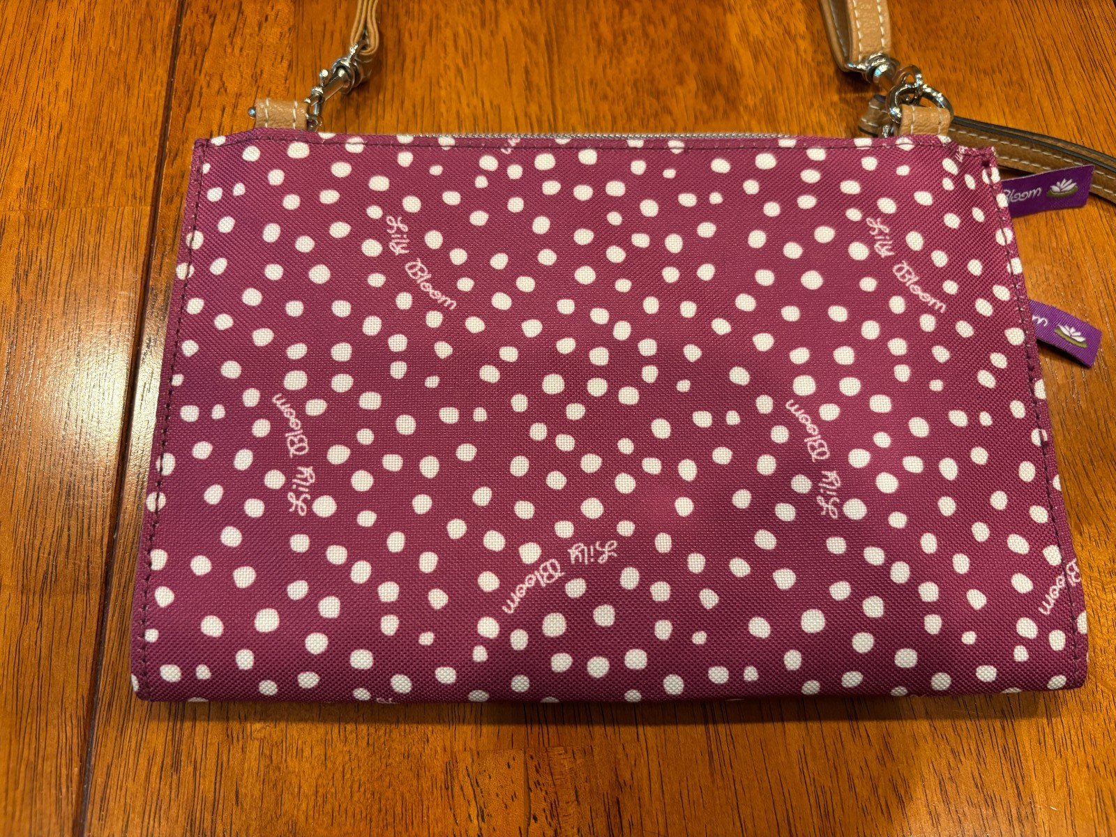 Lily Bloom Magenta Polka Dot Crossbody Purse w/ Wristlet Strap 5.75″ x 8.25″