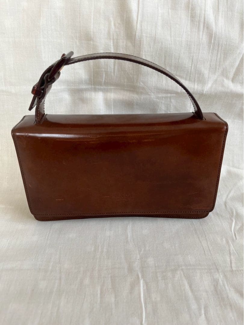 PRADA Patent Leather Handbag Brown Enamel Flap Top Handle Bag Vintage from Japan
