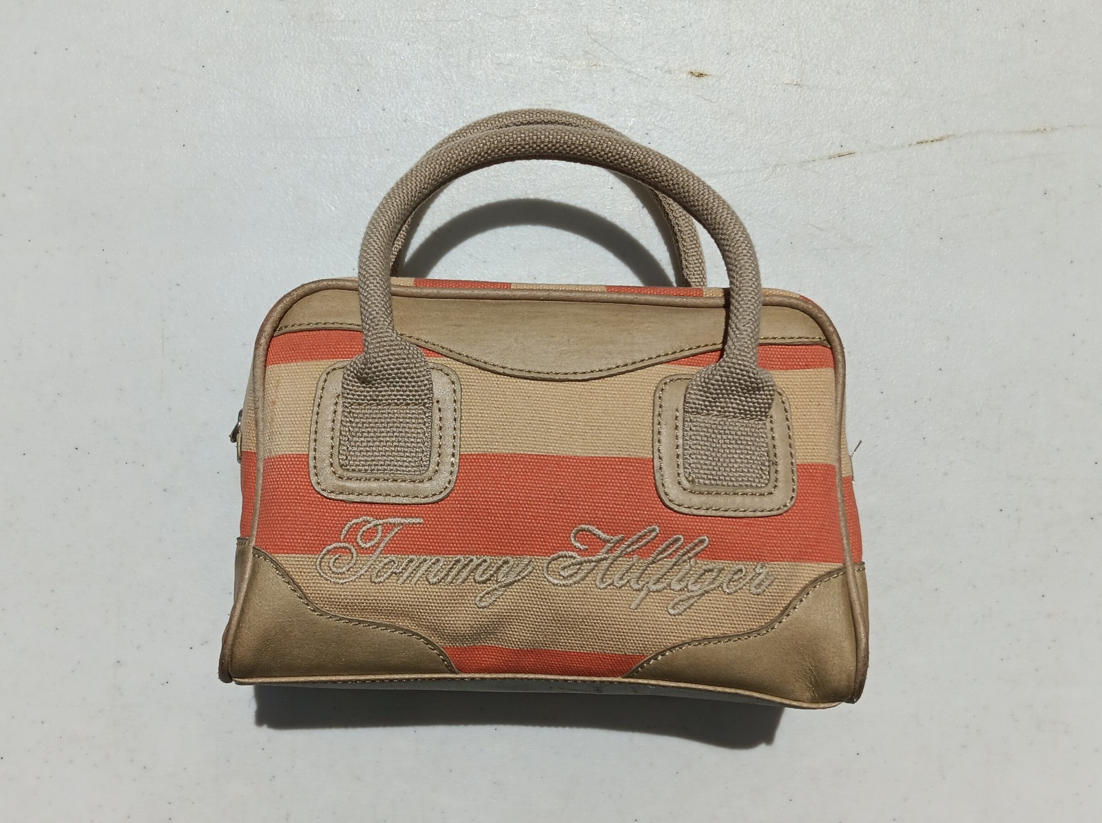 Tommy Hilfiger Beige & Orange Striped Zip Top Handle Satchel Handbag