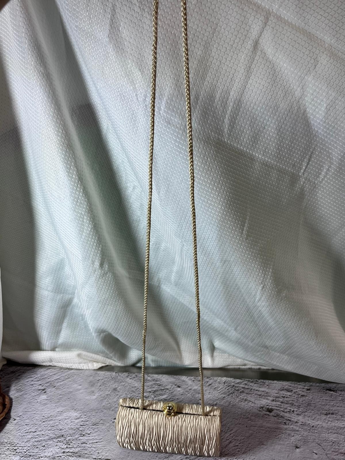 Champagne Cream Satin Ruched Pleated Box Clutch Bag Evening Purse Rope Strap
