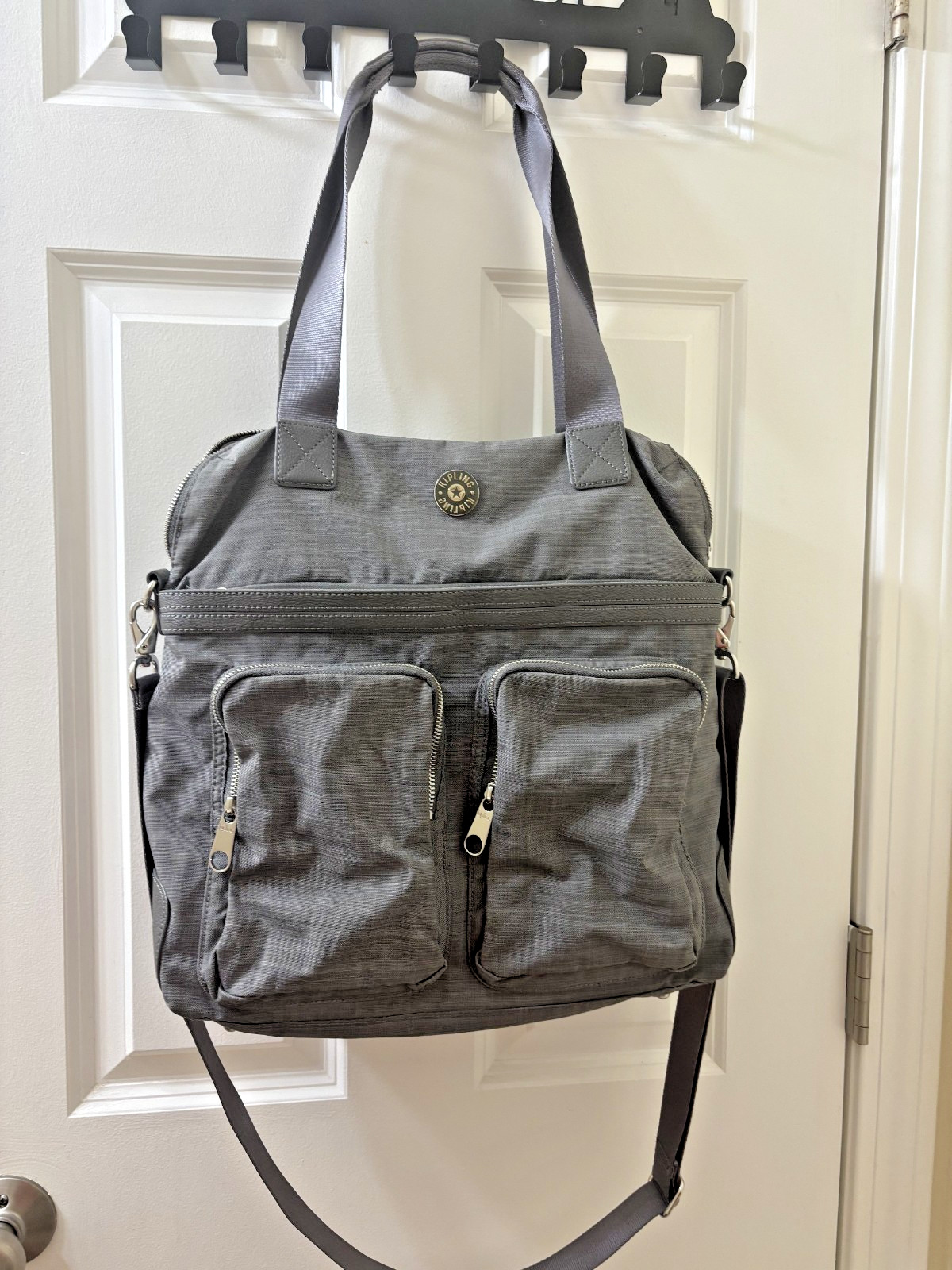 Kipling Rare GRAY Nylon BIG Pocket FRONT Large Weekend Travel Tote Bag