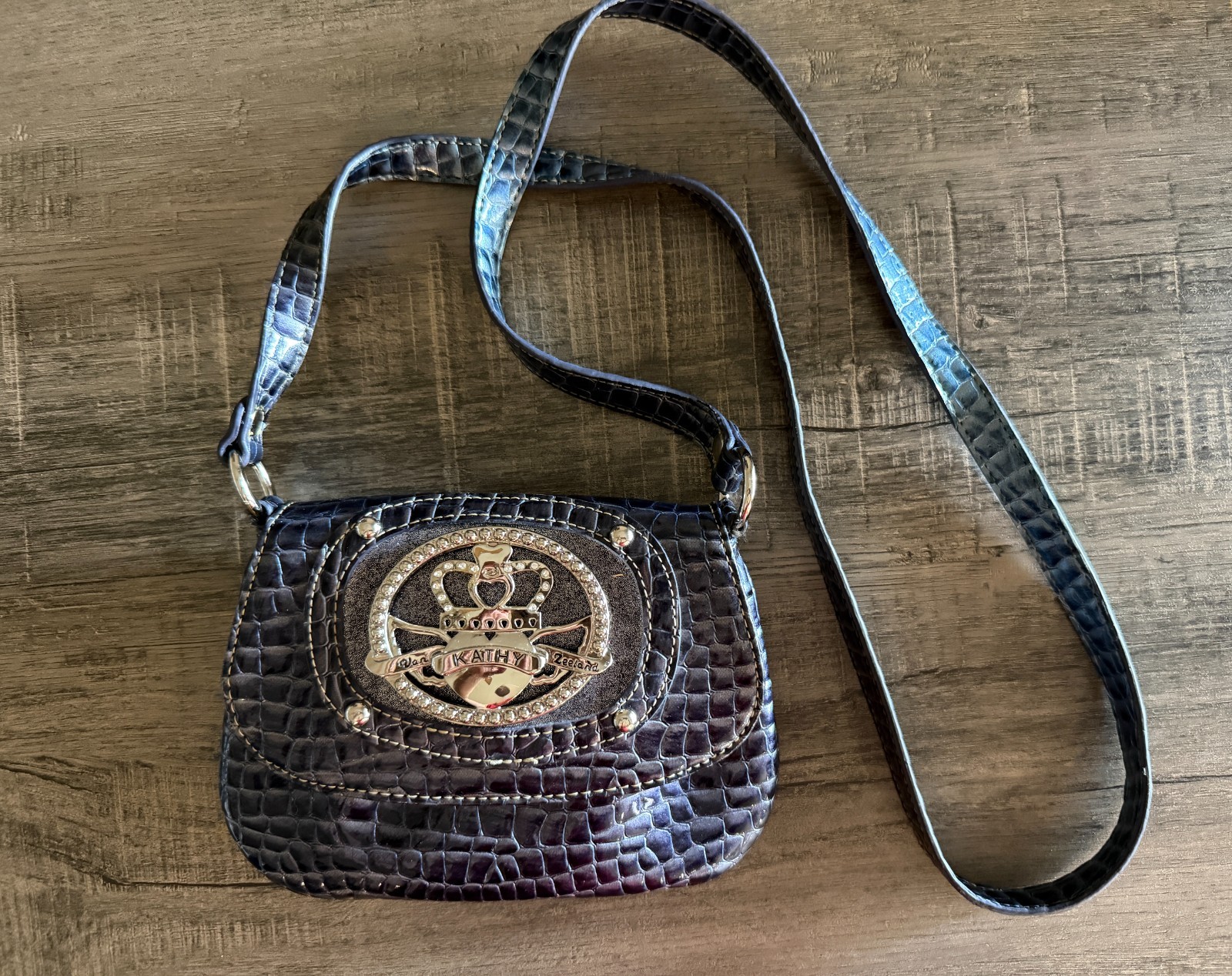 Kathy Van Zeeland Metallic Blue Faux Crocodile-Embossed Shoulder Bag Y2K 7.5in