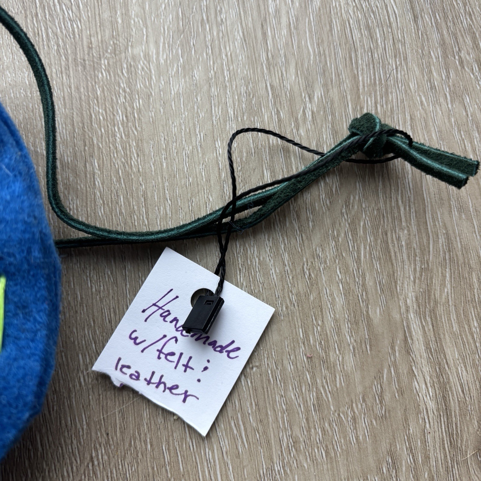 Handmade Blue Wool Felt Leather Wristlet 9” Clutch Bag Artisan Pouch Toggle Boho
