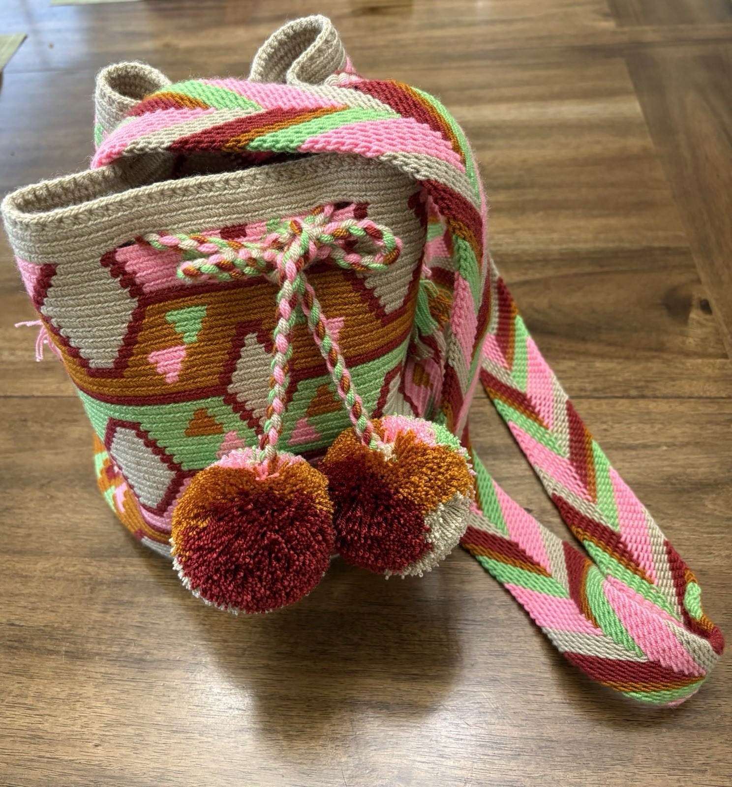 Handmade Crochet Drawstring Bucket Crossbody Bag Medium Multicolor With Tassel