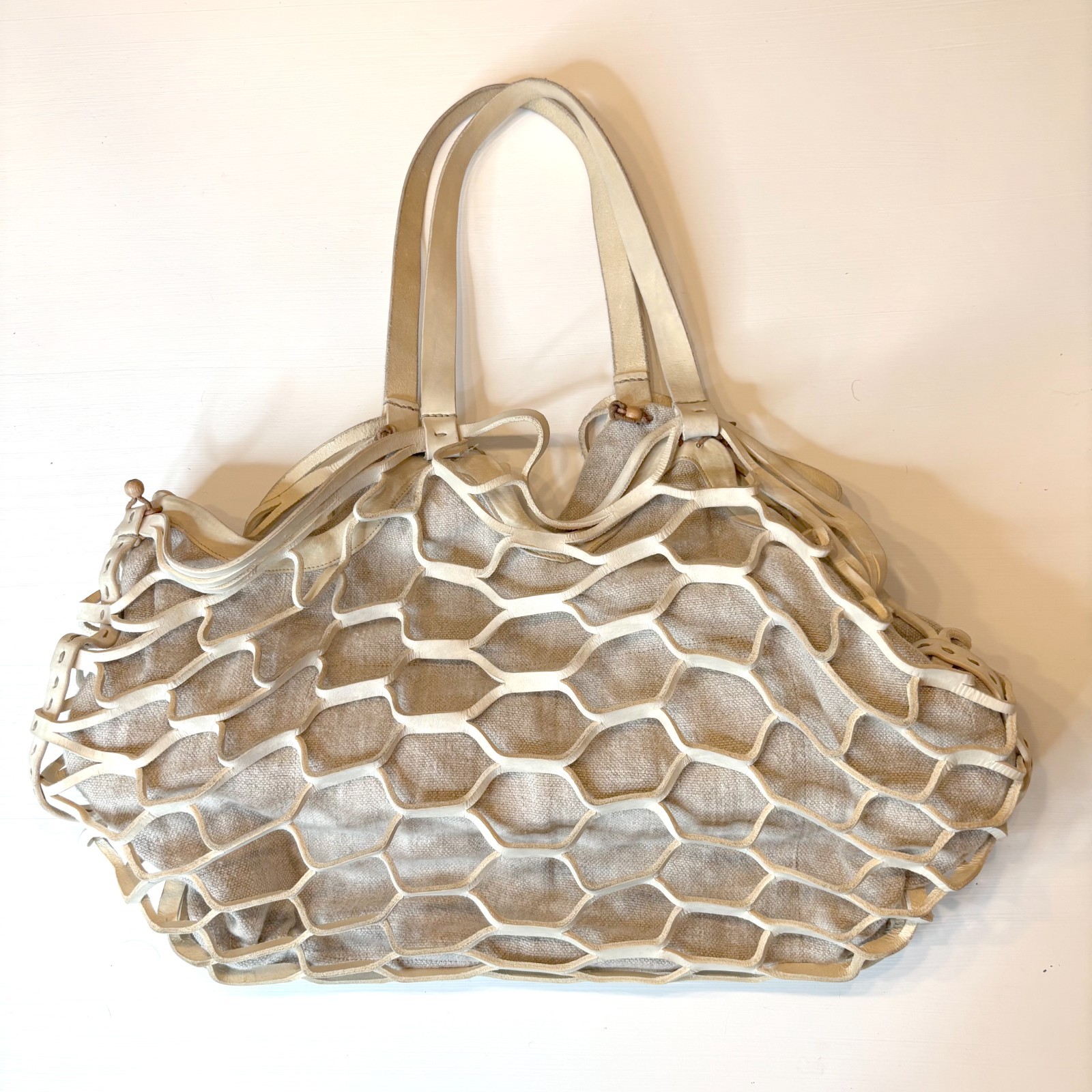 Henry Cuir Bag Persil Dingo Large Tote Beige Leather Net Overlay Italy Handmade