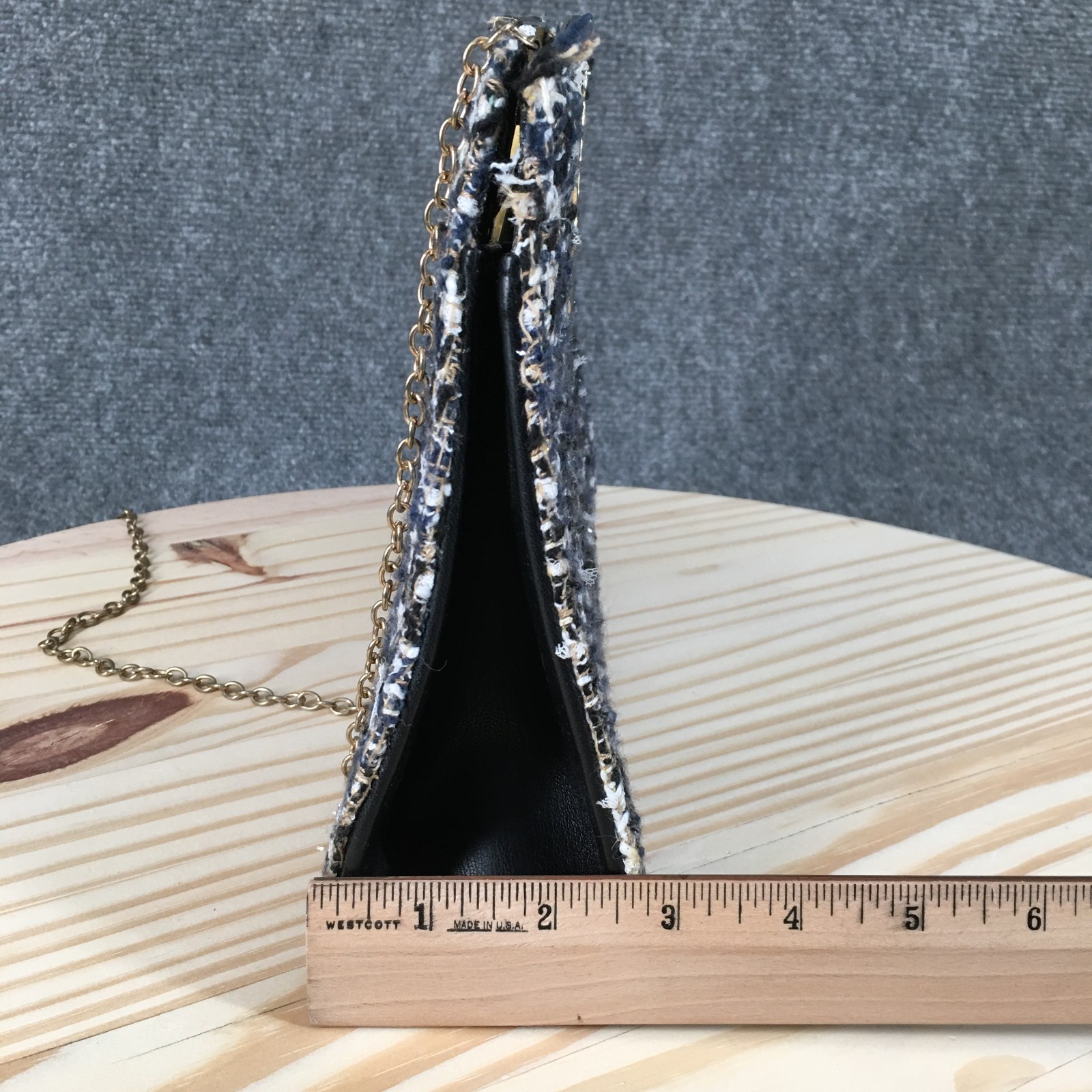 Alessia Tweed Clutch Crossbody Bag Black Cream Textured Gold Chain