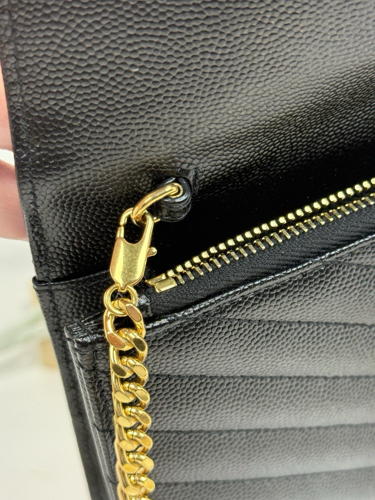 YSL CASSANDRE ENVELOPE CHAIN WALLET IN GRAIN DE POUDRE LEATHER
