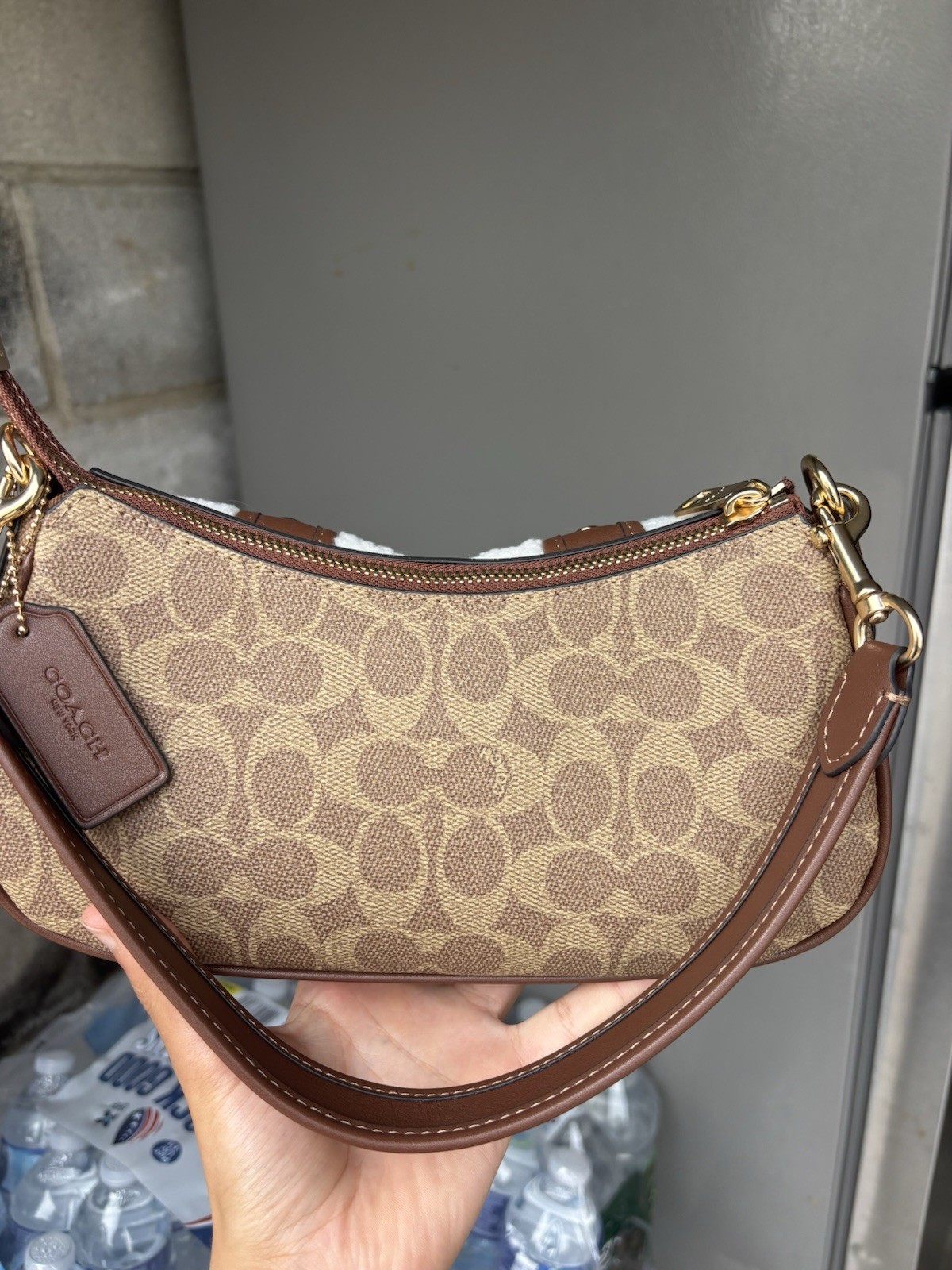 Coach Signature Logo Brown Tan Ashton Shearling Trim Shoulder Bag Zip Buckle