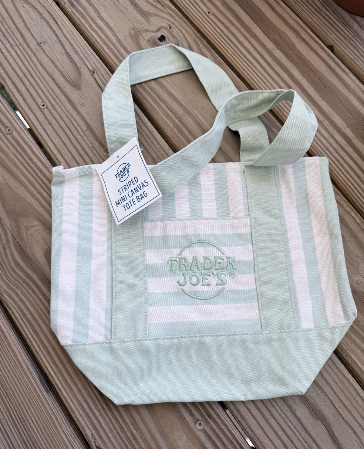 Trader Joe’s Striped Mini Tote Bag Mint Green/White Inner Pockets Embroidered