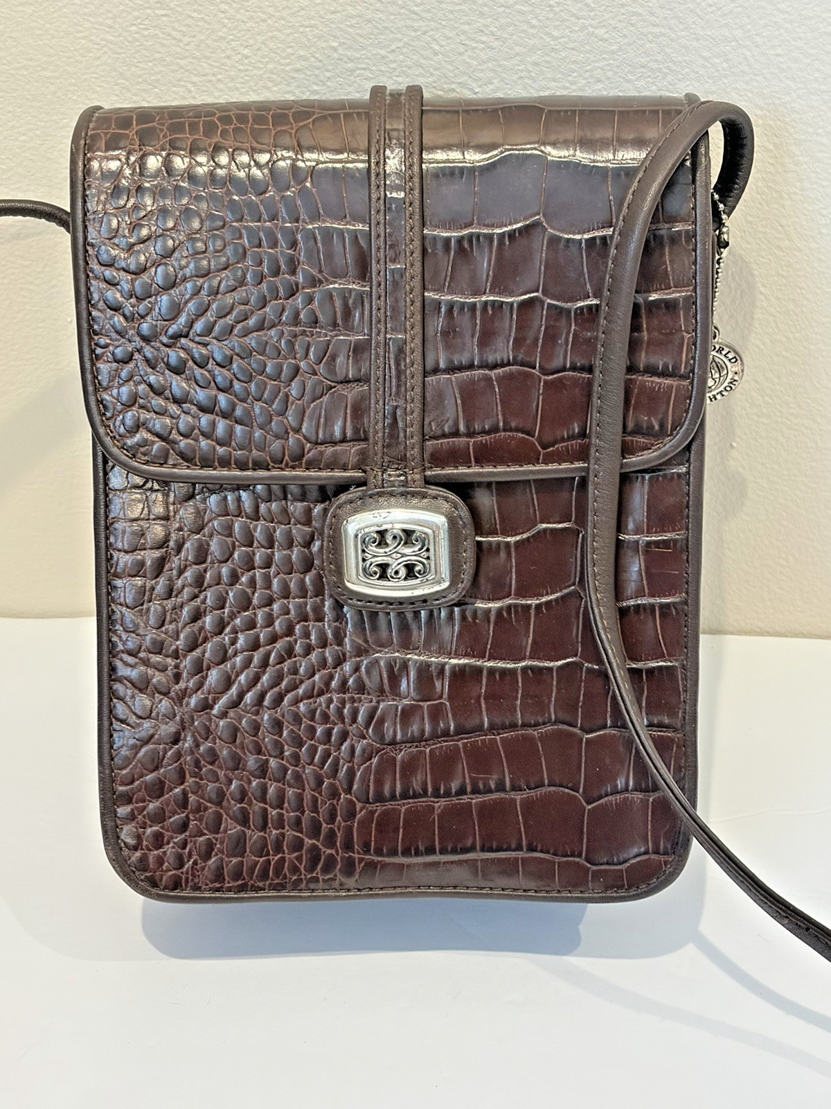 Vintage Brighton One World Crown Croc Embossed Leather Crossbody Handbag