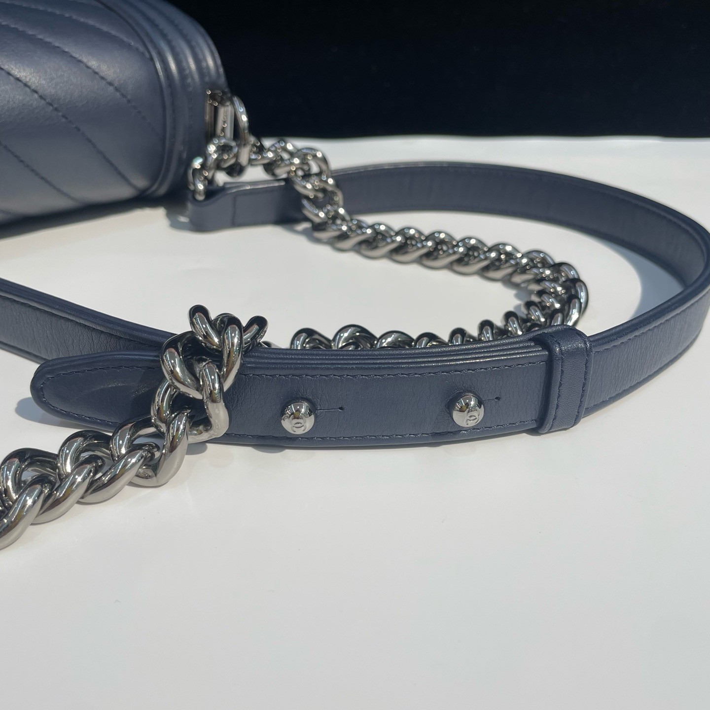 Chanel Le Boy Chevron Calfskin Blue Medium Shoulder Bag Silver Hardware