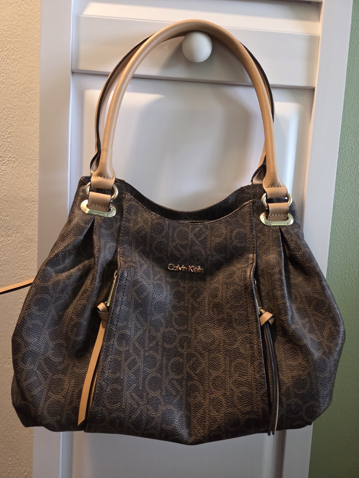 Calvin Klein Women’s Brown Monogram Double Handle Hobo Bag FREE SHIPPING