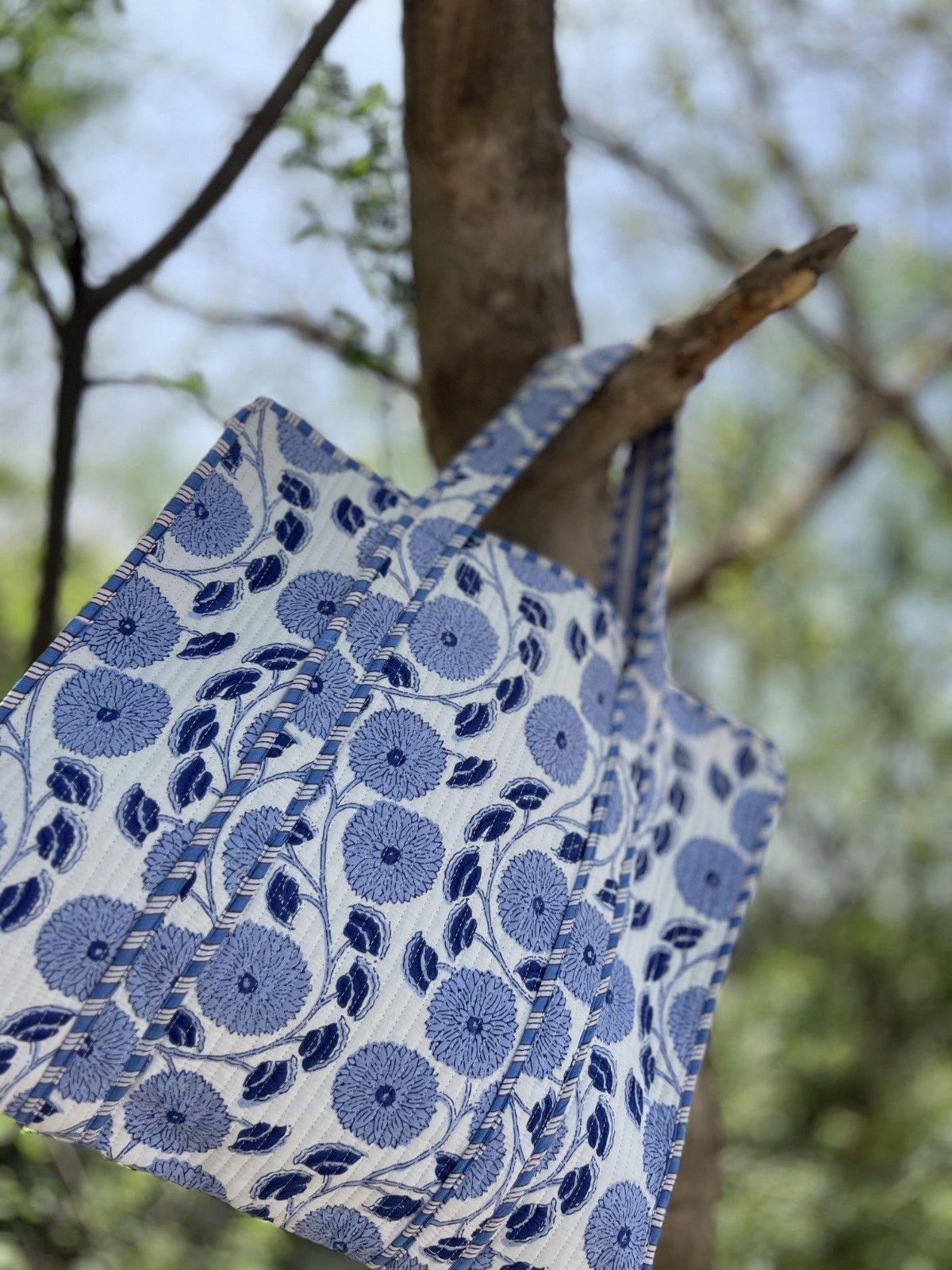 Handmade Blue Floral Quilted Cotton Tote Bag – Elegant, Spacious & Everyday Esse
