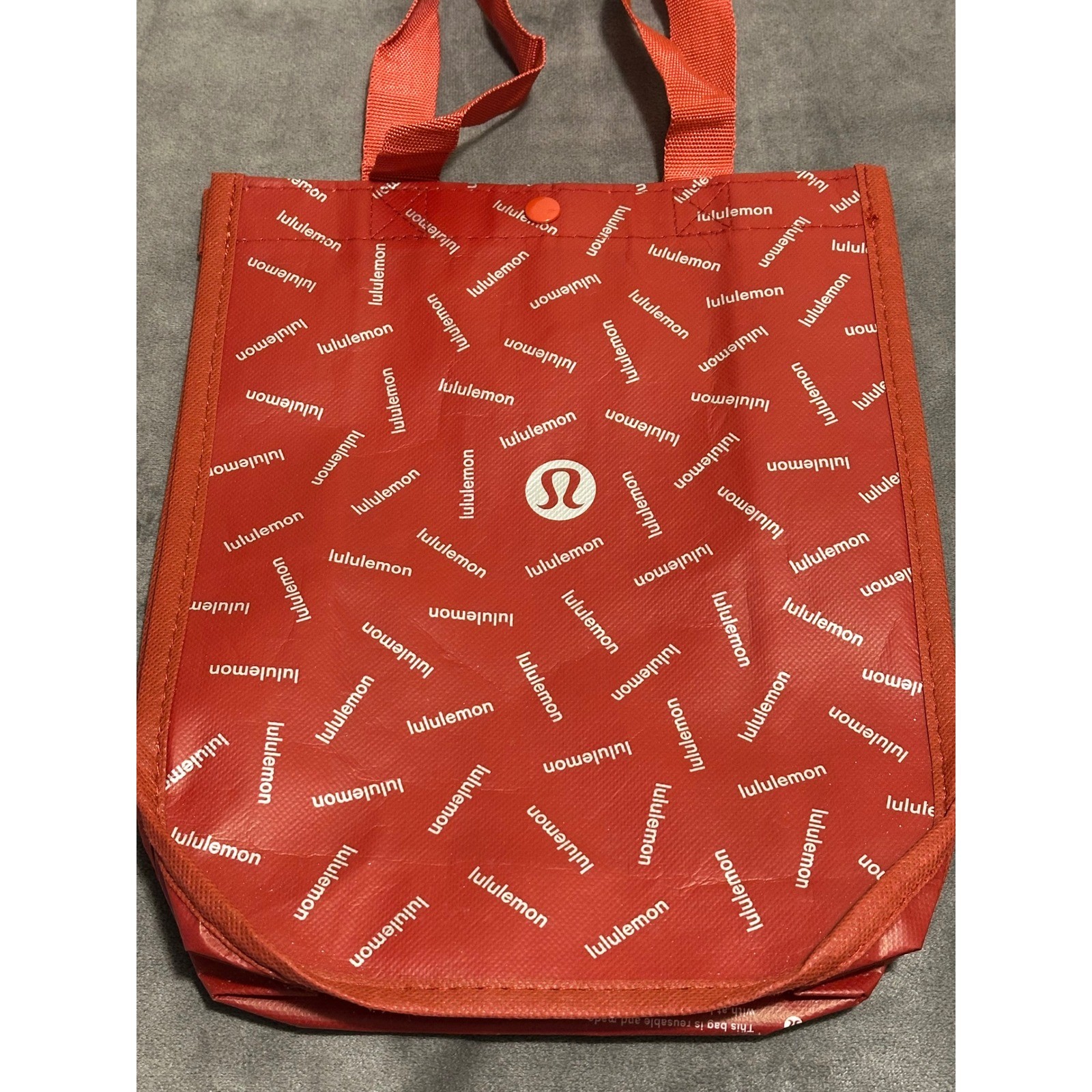 Lululemon Small Reusable Shopping Tote Bag Red White Logo Print Snap Closure