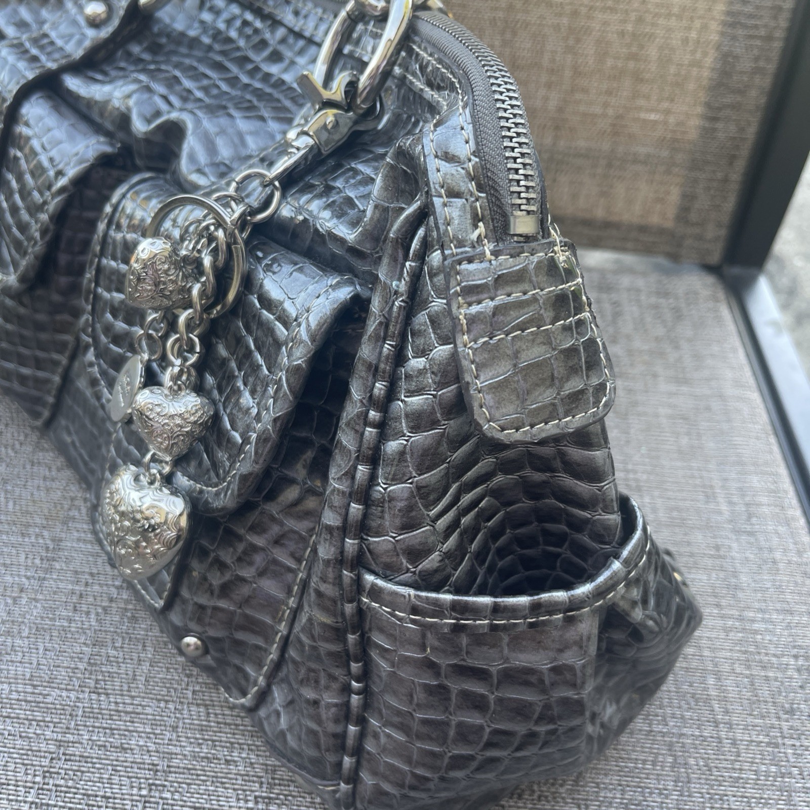 Kathy Van Zealand Y2K Faux Leather Snakeskin Shoulder Bag Women Dark Gray Purse