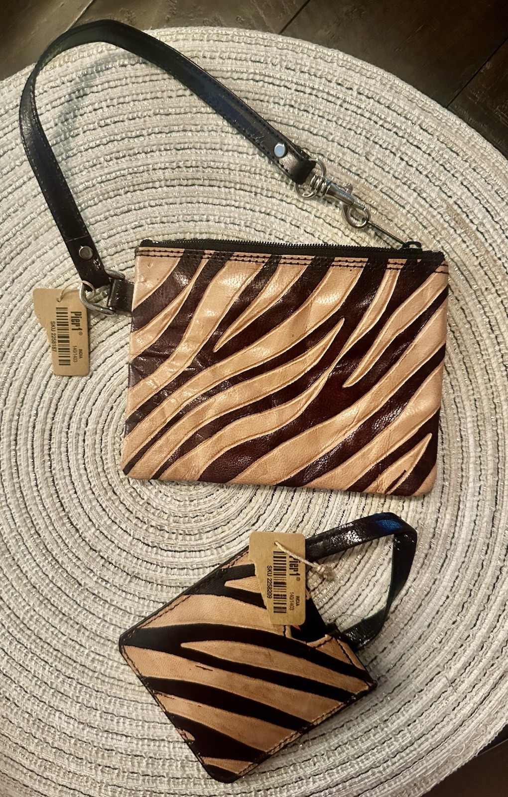 Pier 1 Zebra Print Leather Wristlet & Mirror Compact Set Made in India NWT