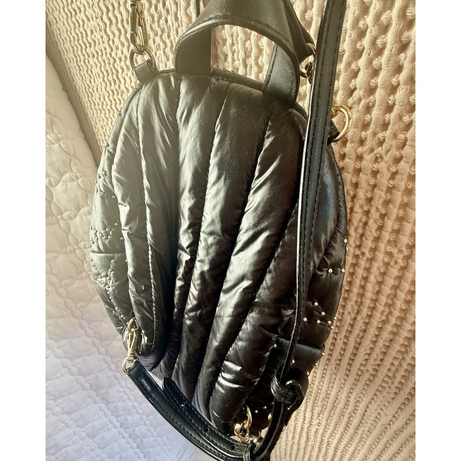 Victoria’s Secret Mini Backpack Black Quilted Nylon Gold Studded Small Bag