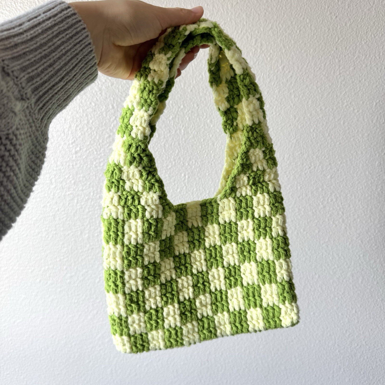 Handmade Crochet Checkered Tote Bag 13 x 9 inch Small Handbag Green Statement