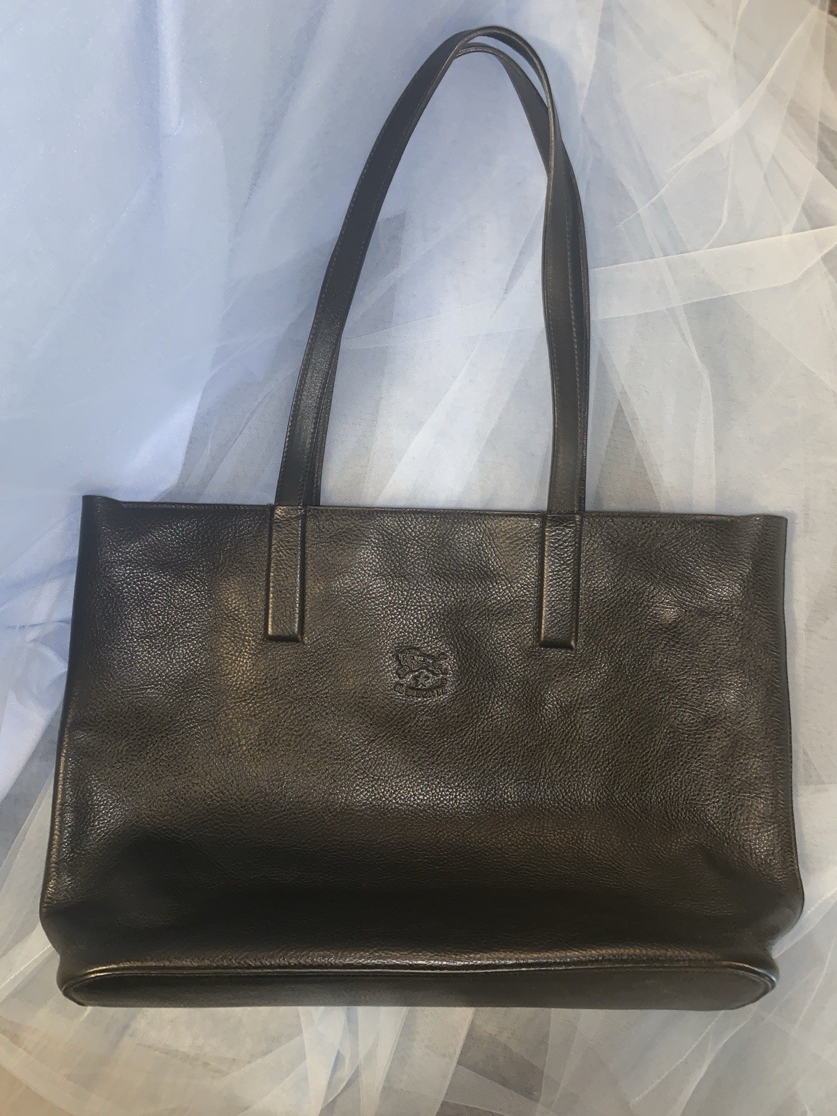 Il Bisonte Italian Black Leather Shopping Tote, Zipper Closure, Suede Interior