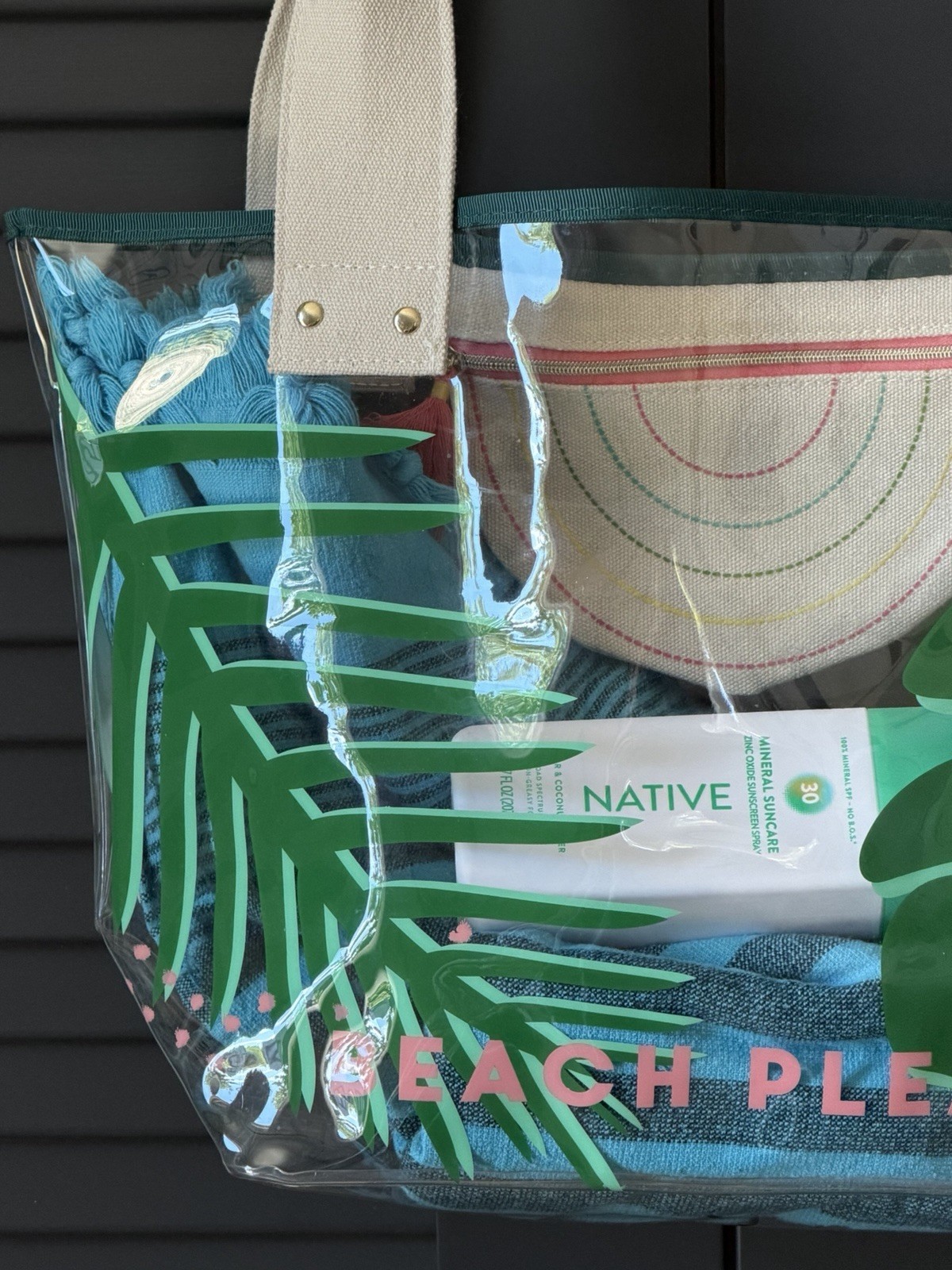 Benefit Beach Please Clear PVC Beach Tote Bag Tropical Leaves w Zip Pouch EUC