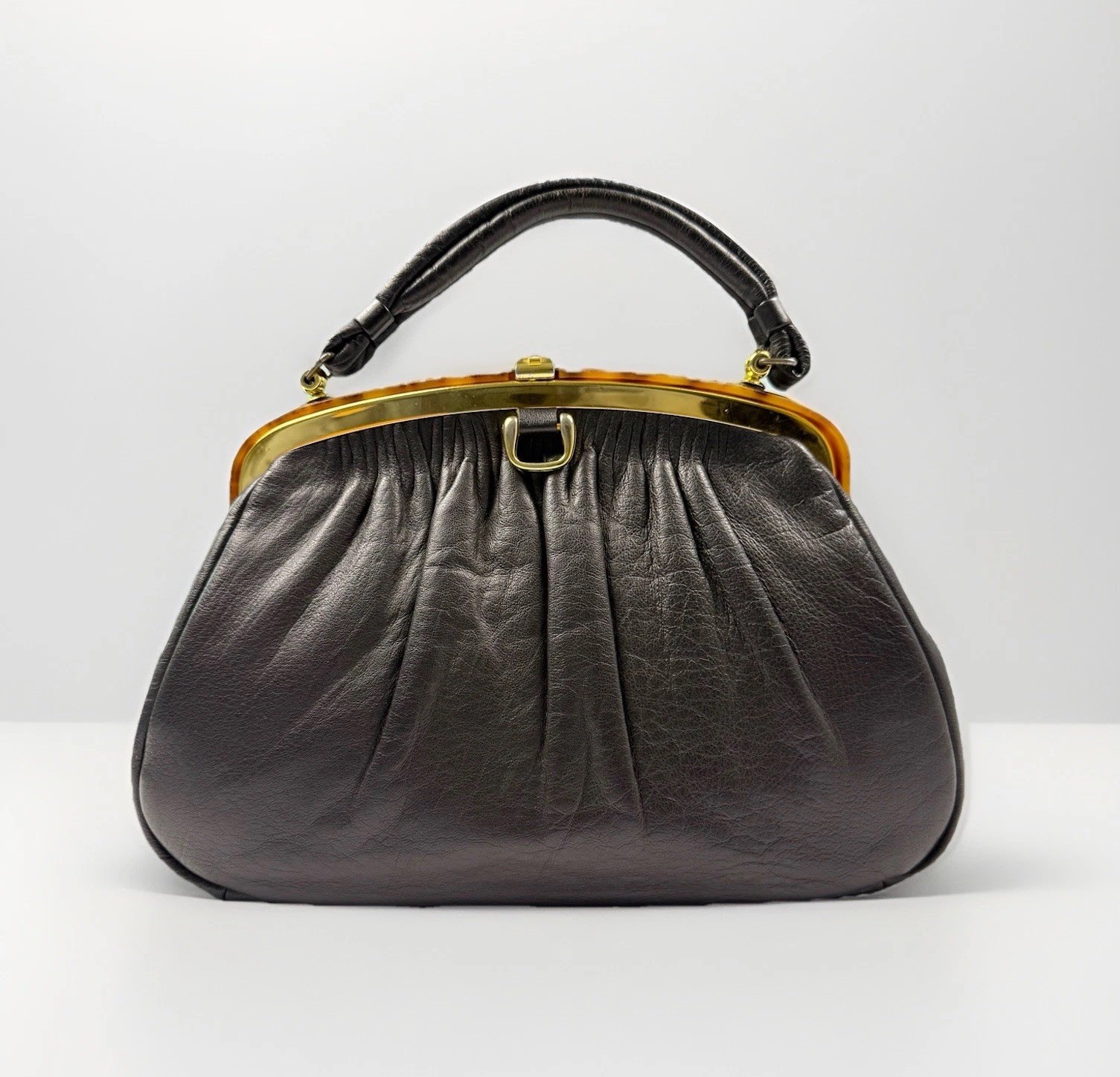 Etra Vintage Handbag Deep Brown Leather Top Handle Tortoise Trim