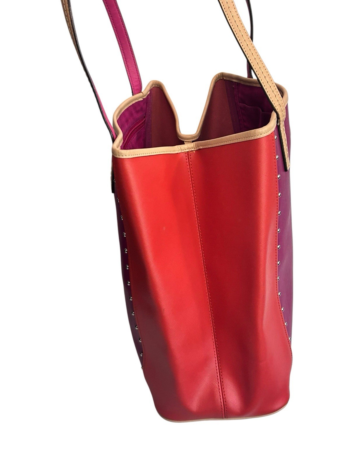 COACH Metro Colorblock Pink Orange And Tan Studded Leather Tote Bag Read List