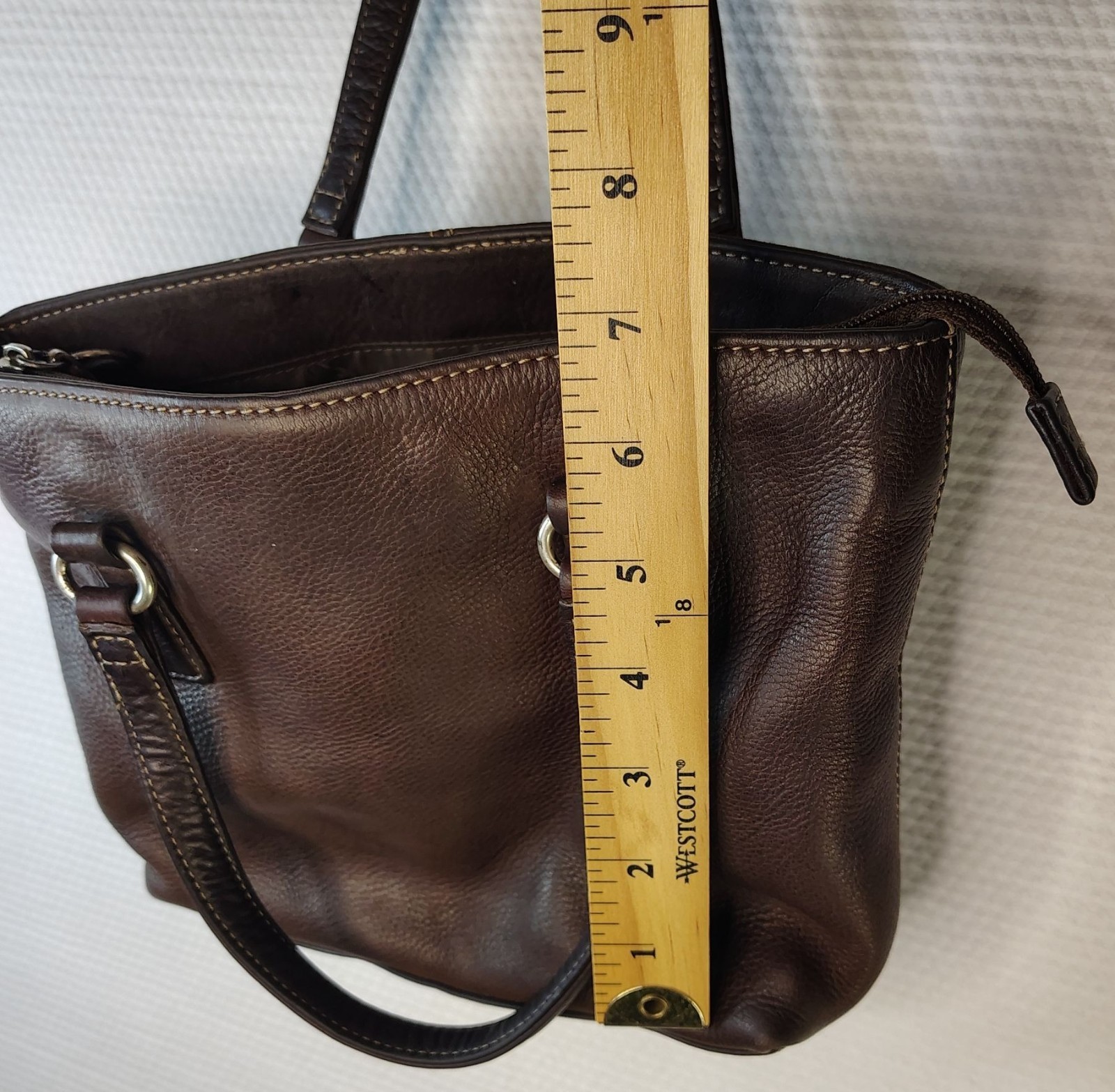 Y2K Fossil 75082 Dark Brown Leather Tote Small Bag Zip Purse Classic 10 Inch
