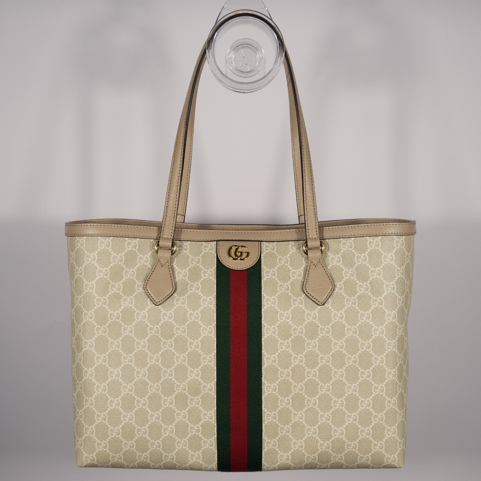 Gucci GG Supreme Monogram Dollar Calfskin Web Medium Ophidia Tote Beige Leather