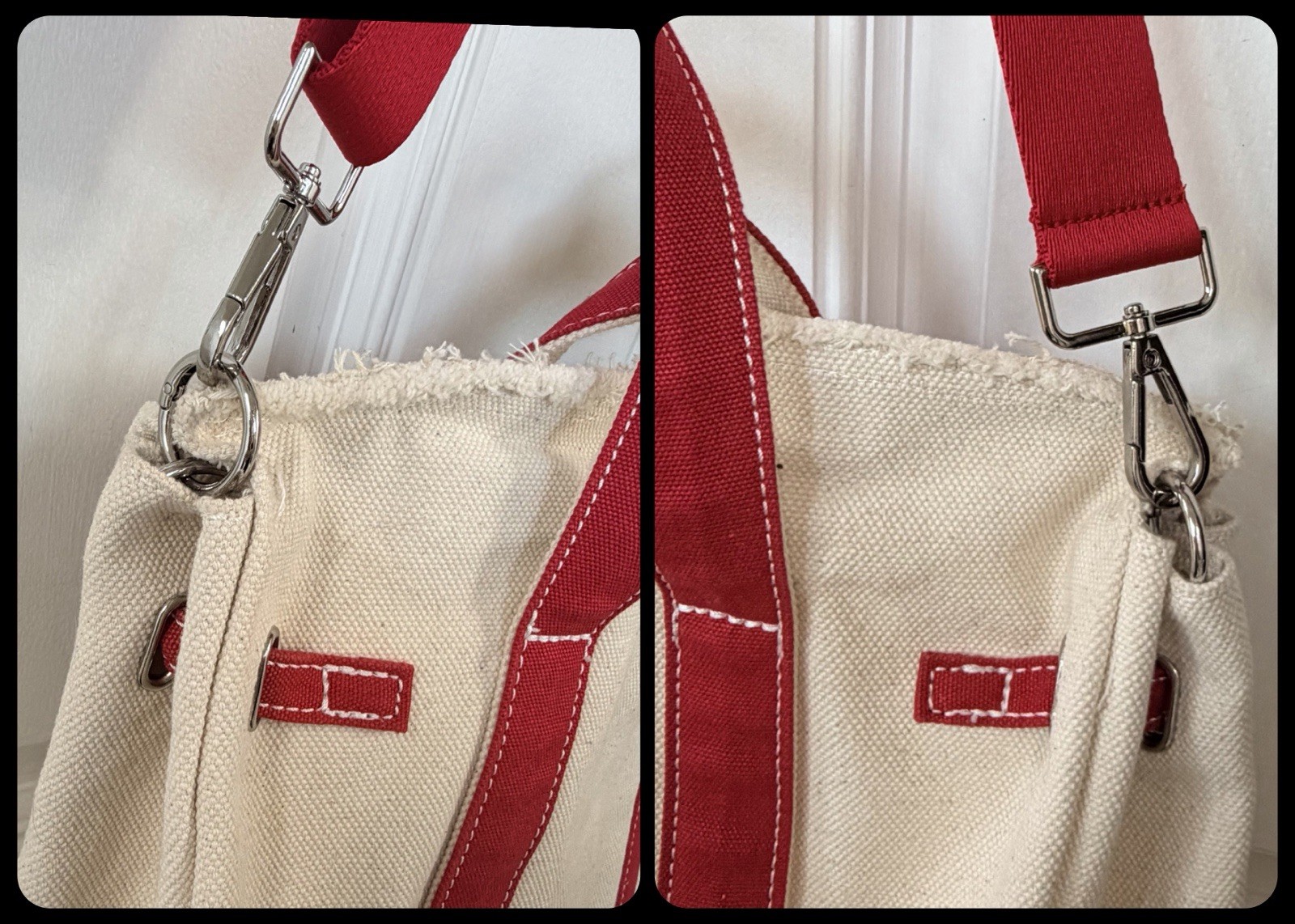 Sunwin Madaket Large Classic Tote Red & Cream Canvas Crossbody Strap Added EUC