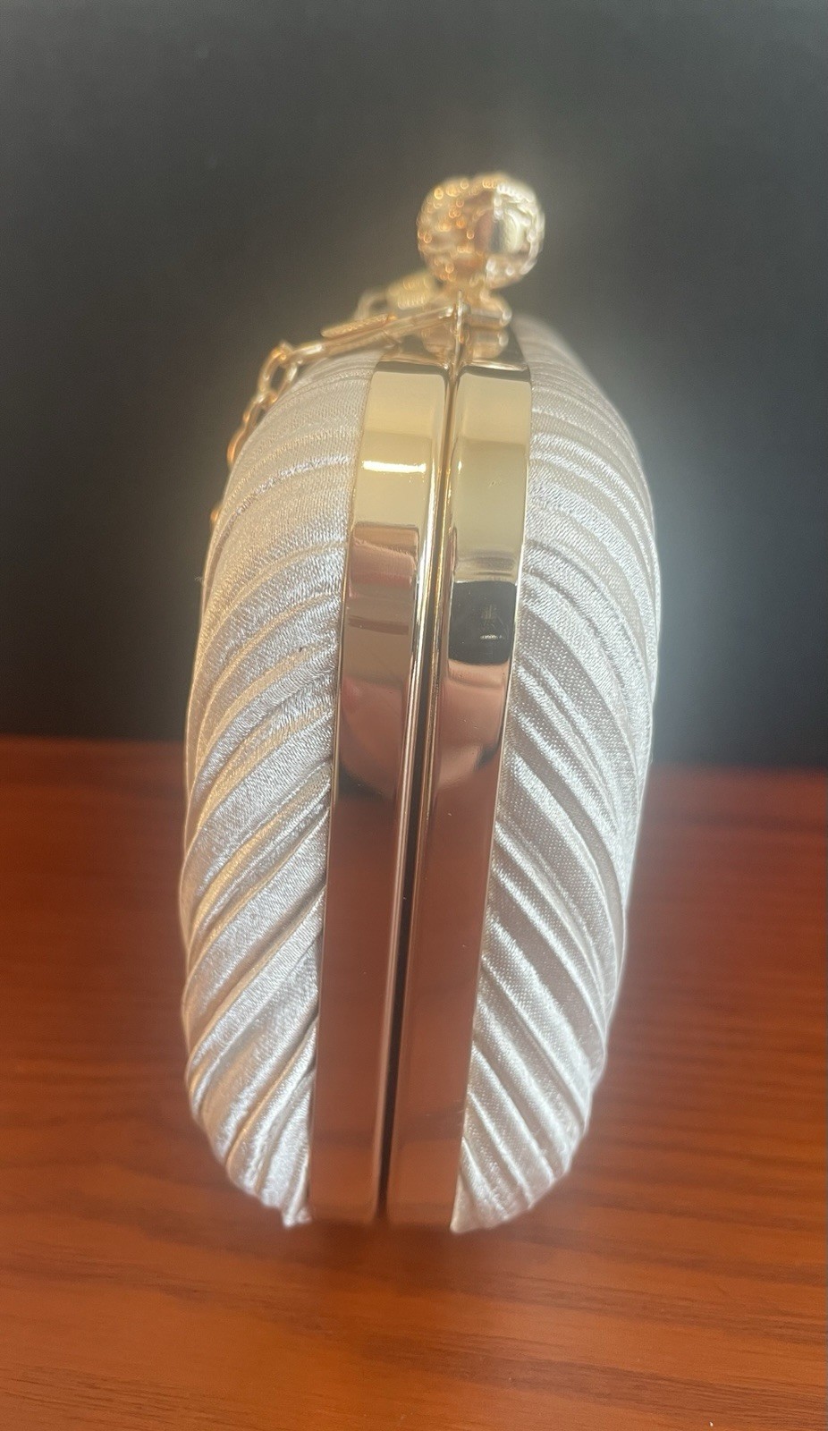Champagne Pleated Satin Evening Clutch, Gold-tone Chain Sunburst/Seashell design