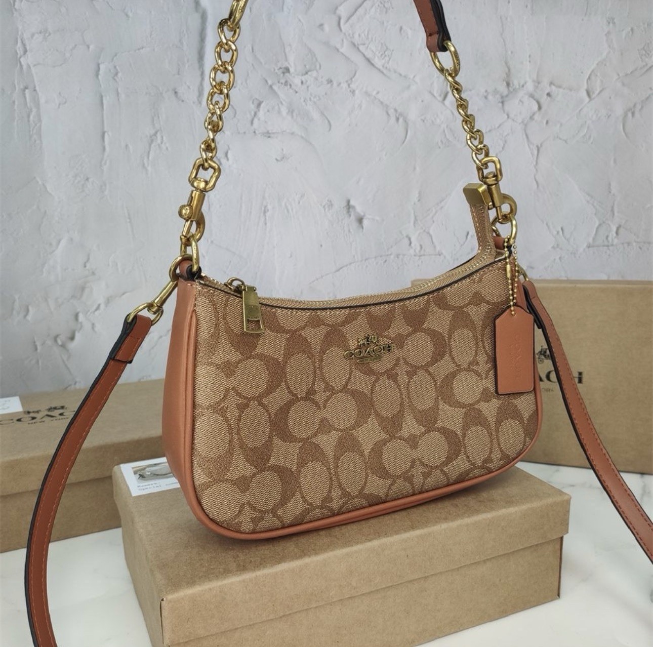 Coach Signature Logo Crescent Zip Shoulder Bag Brown Tan Gold Hardware Strap