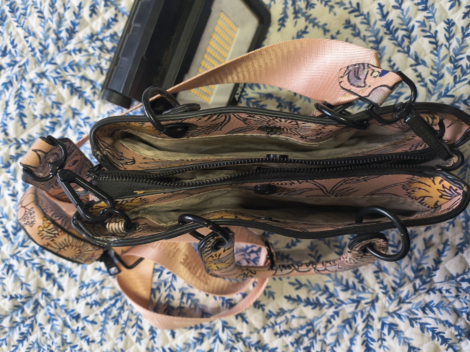 Steve Madden Crossbody Bag Cream Brown Logo Embossed Guitar Strap with Pouch