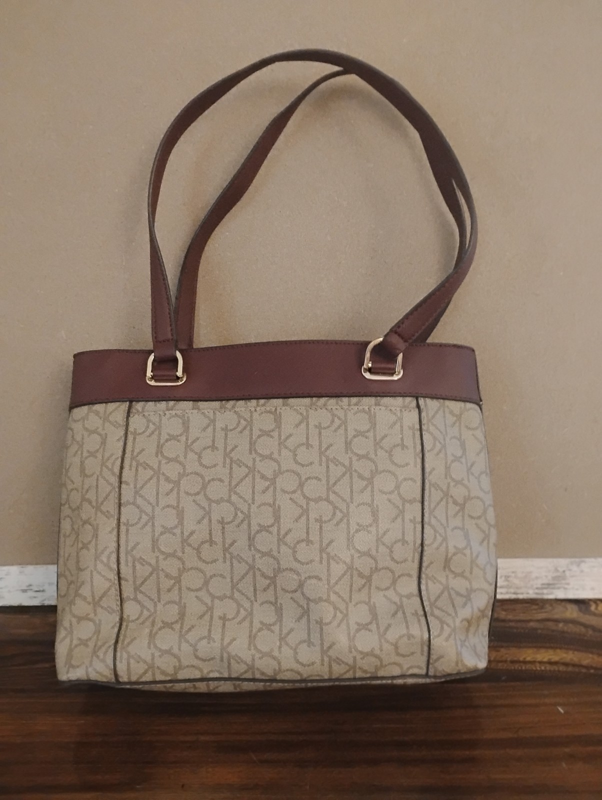 Calvin Klein Monogram Zip Top Shoulder Bag Beige/Brown, Lined, Inner Pockets