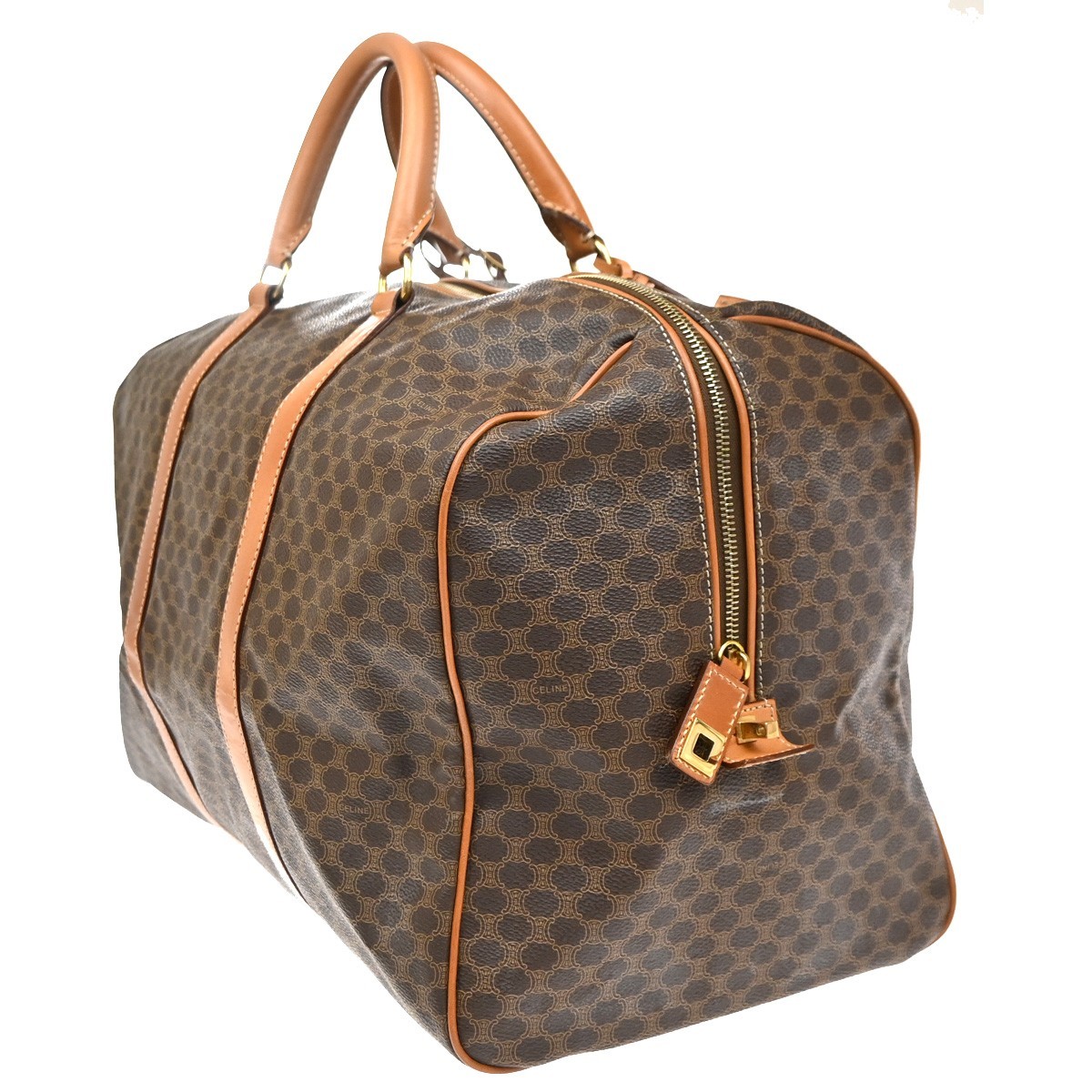 CELINE Logo Macadam Pattern Boston Hand Bag PVC Leather Brown GHW 30CA937