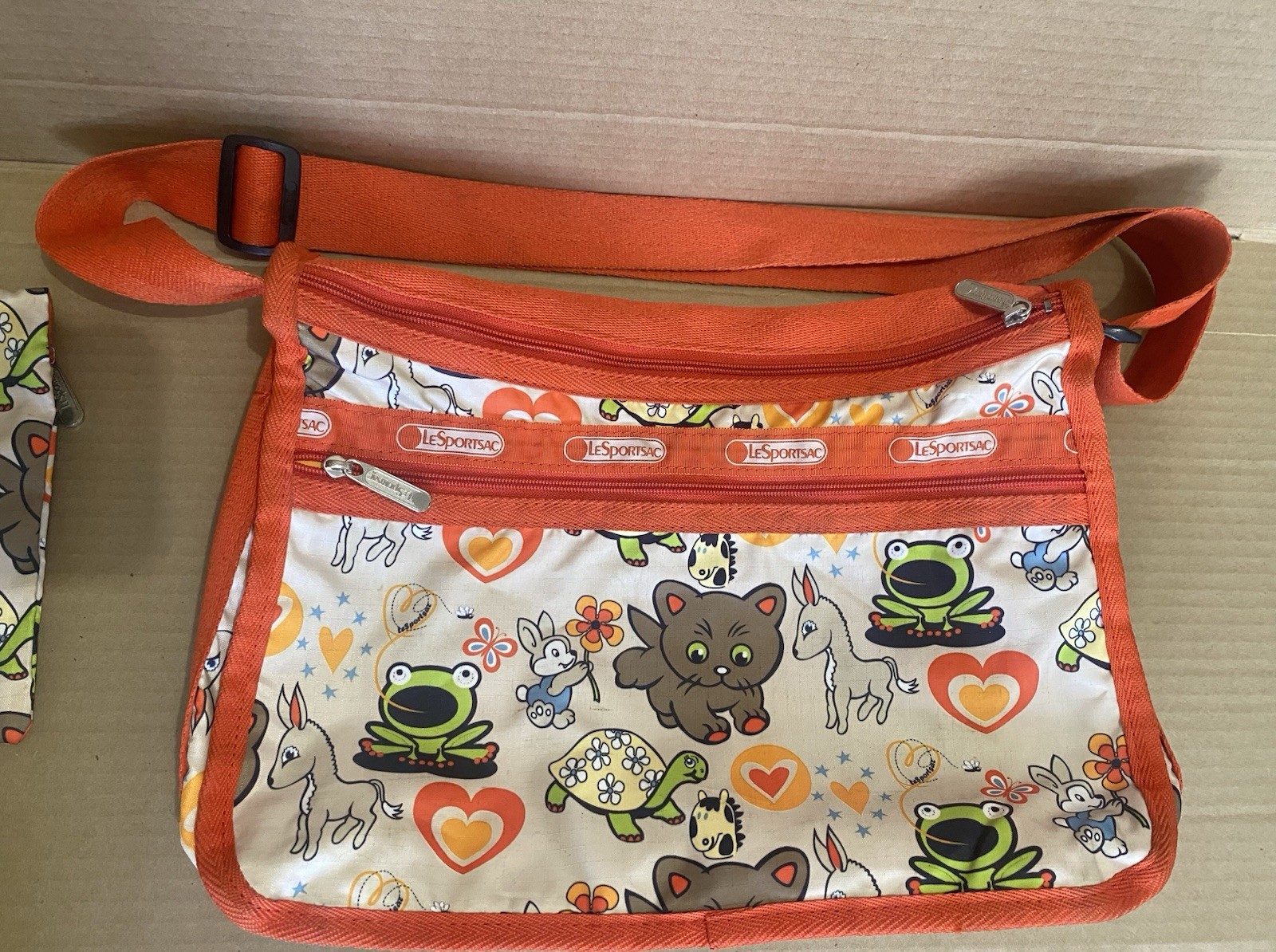 LeSportsac Animals Crossbody Shoulder Bag & Pouch Orange Frog Cat Deer Toons