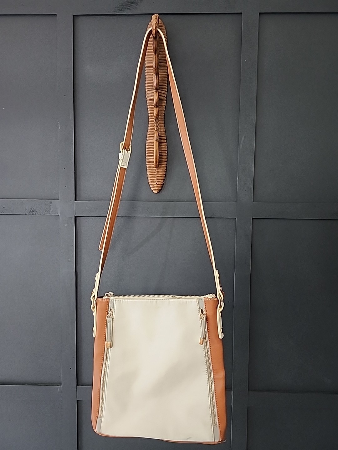 Ceeca Crossbody Bag, Zipper Sides, White And Brown, 11x10x1.5