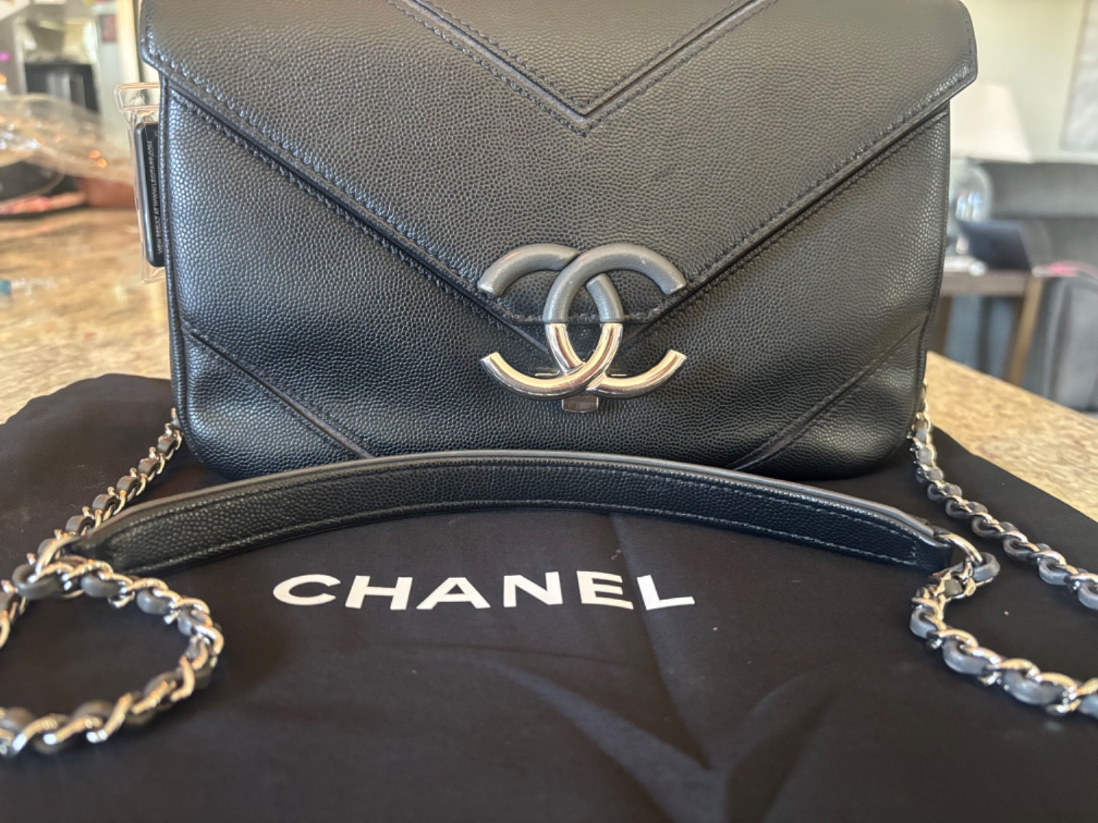 CHANEL Black Caviar Leather Chevron Envelope Flap Shoulder Bag Silver Hardware