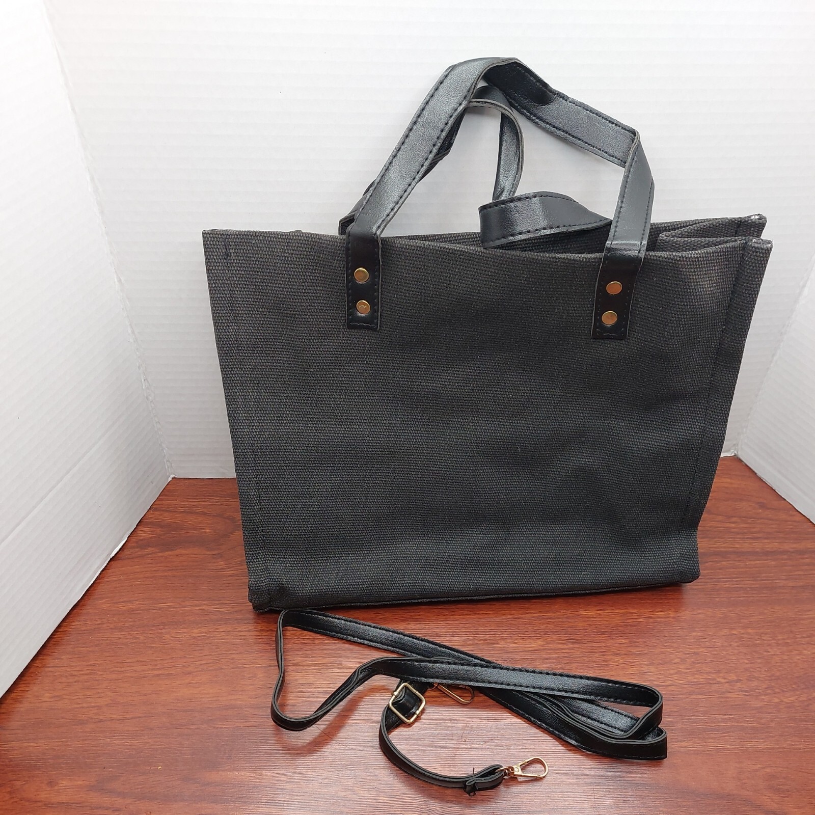 Black Canvas Tote Hand Bag Handles Shoulder Cross Body Strap Pockets