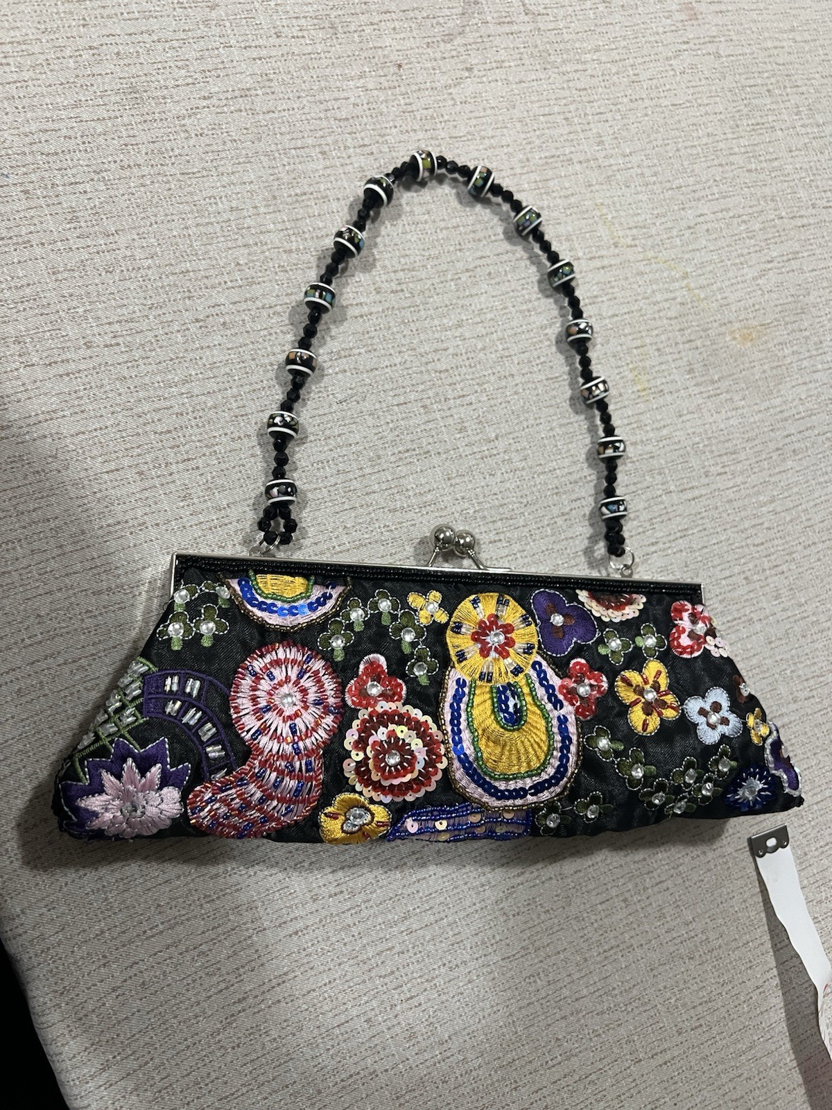 Vintage Y2K Fashion Express Beaded Embroidered Clutch Purse Black Evening Bag