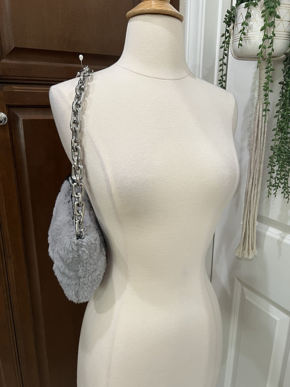 Zara Womens Gray Faux Fur Shoulder Bag Chunky Silver Chain Strap Handbag Purse