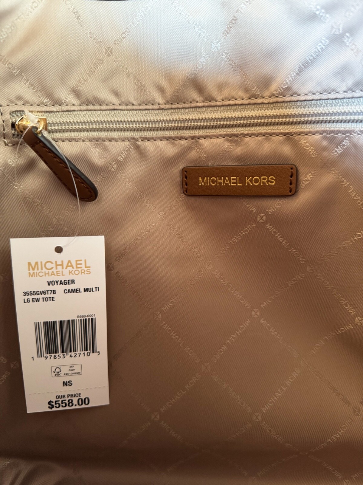 Michael Kors Voyager LG Drawstring Tote Shoulder Bag MK Color-Block Camel Multi