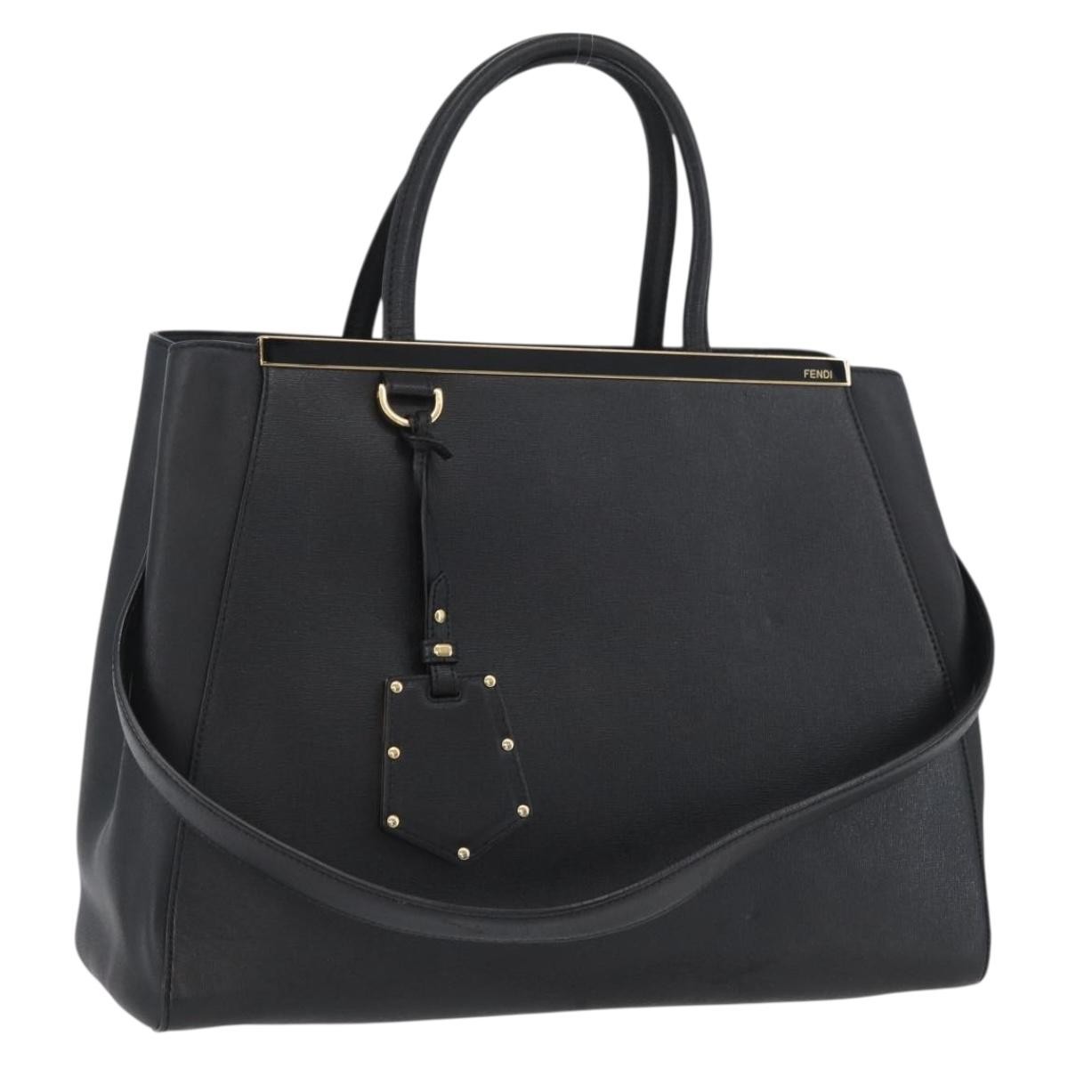 FENDI 2JOURS Hand Bag Leather 2way Black Gold Auth gh1916