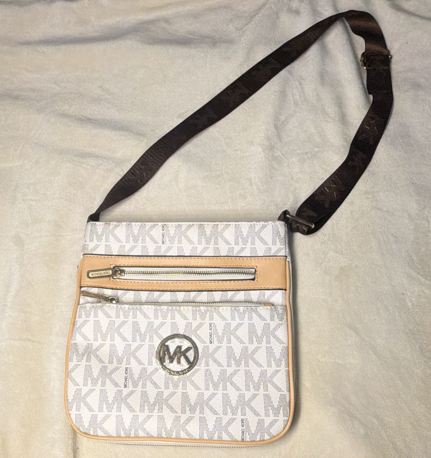 Michael Kors Logo Crossbody Bag White/Beige Zip, Brown Strap, Gold Hardware